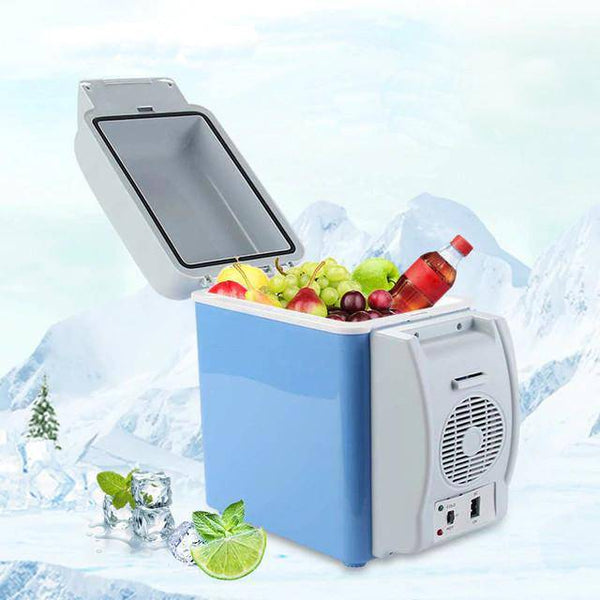 7.5L Car Refrigerator Cooler or Warmer with fruits and drinks inside, ideal for travel and outdoor adventures.