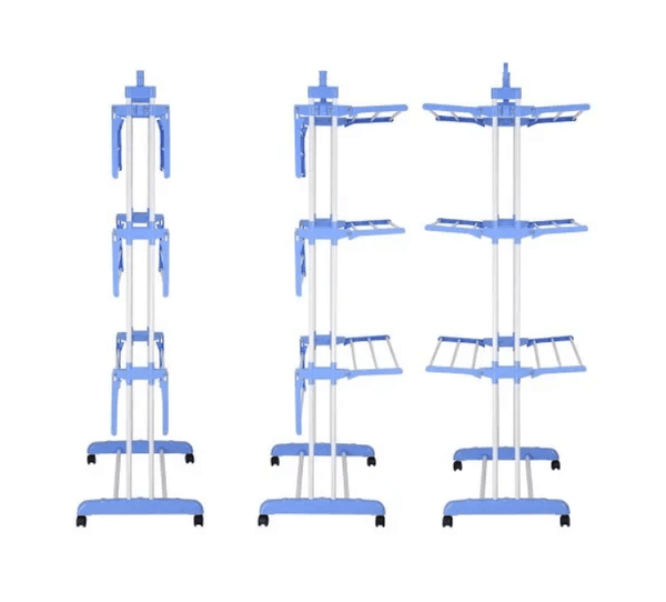 Foldable 3-Tier Clothes Rack Outdoor Indoor Airer in blue, featuring three drying levels for efficient garment drying.