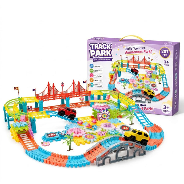 207-Piece DIY Flexible Track & Amusement Park Building Set colorful play set with track and vehicles.