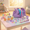 Purple Unicorn Crossbody Bag with colorful pretend play ice cream set on a pastel play table.