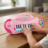 Child playing a pink Electronic Organ Keyboard with colorful lights and keys.