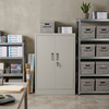 Half-Height Double Door Steel Stationery Cabinet in a tidy office workspace with organized supplies.