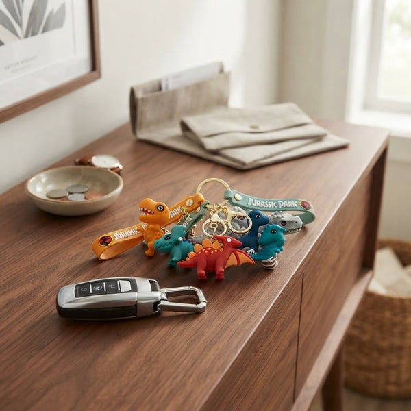 Colorful 3D Cartoon Dinosaur Keychain designs displayed on a wooden table with car keys and a bowl.