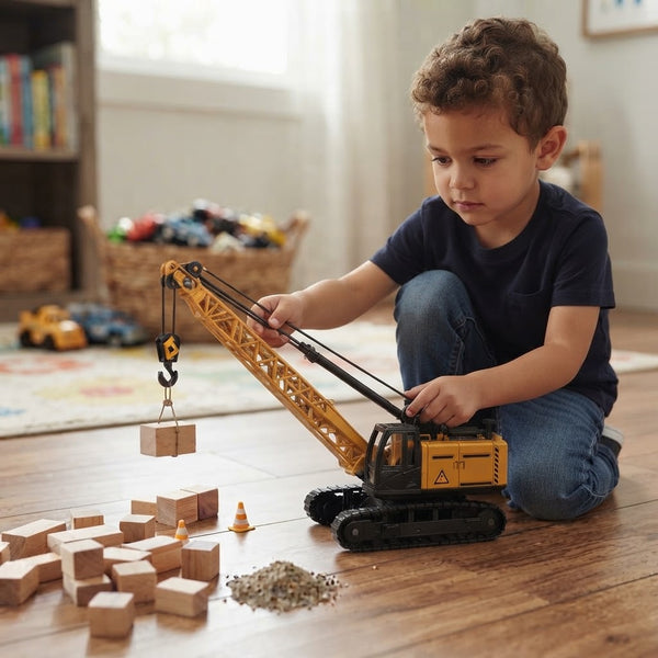 Child playing with Alloy Crawler Crane Construction Toy, lifting wooden blocks in a playroom.
