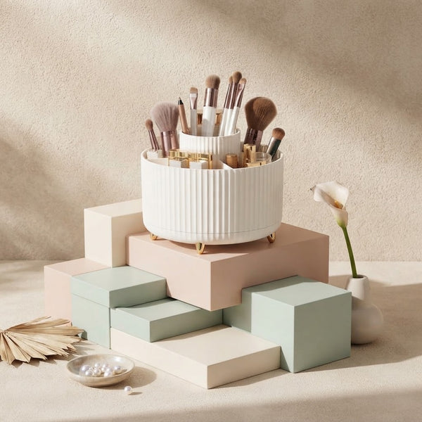 360-Degree Rotating Desktop Storage Bucket with makeup brushes organized on pastel boxes.