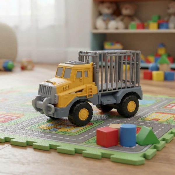Friction-Powered Utility Cargo Truck Toy on a colorful playmat surrounded by building blocks.