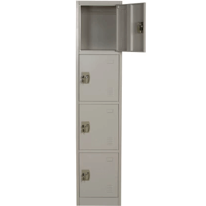 4-Compartment Steel Locker with three closed compartments and one open compartment, ideal for secure storage.