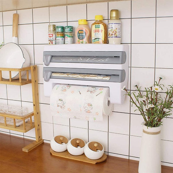 4 In 1 Wall Mounted Paper Towel Foil Wrap Dispenser with storage for paper towels and foil rolls.