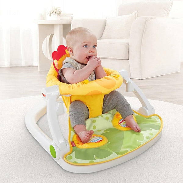 Adjustable Portable Baby Feeding Chair with baby sitting comfortably and securely in a colorful design.