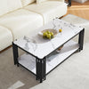 Modern Rectangular Glass Coffee Table with marble top and black metal legs, placed in a contemporary living room.