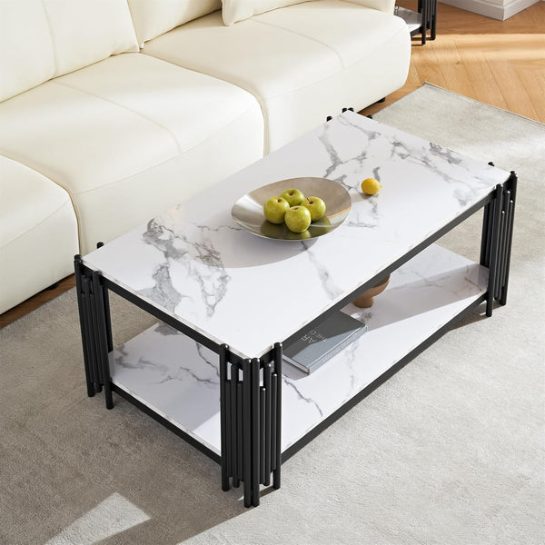 Modern Rectangular Glass Coffee Table with marble top and black metal legs, placed in a contemporary living room.