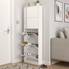 Freestanding Organised Storage Cabinet with multiple shelves for shoes in a modern entryway setting.