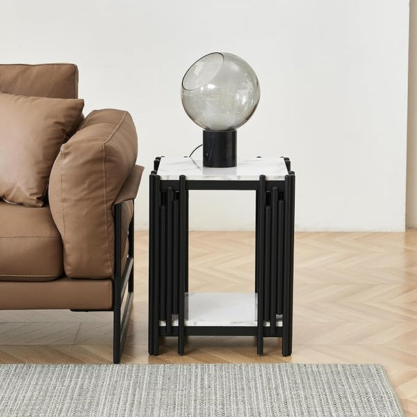 Marble End Table with 2-Tier Open Storage Shelves