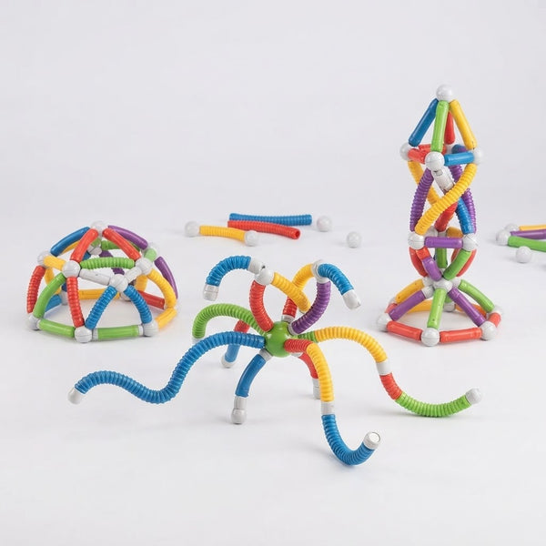 Colorful 29-Piece Flexible Magnetic Building Rod Set structures in various shapes on a white background.