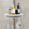 Multi Corner Shelf with bathroom essentials including soap dispensers and a loofah.