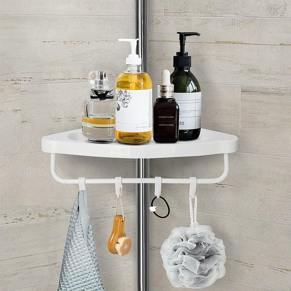 Multi Corner Shelf with bathroom essentials including soap dispensers and a loofah.