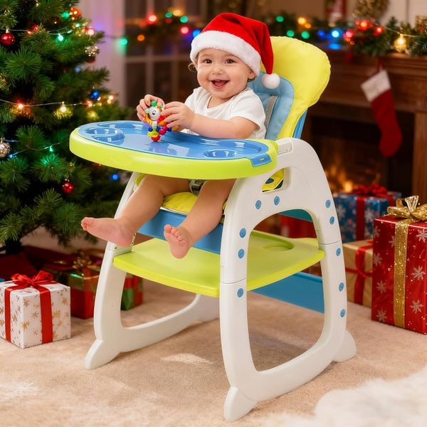 3-in-1 Convertible Baby High Chair & Play Table Set in festive holiday setting with a smiling baby in a Santa hat.