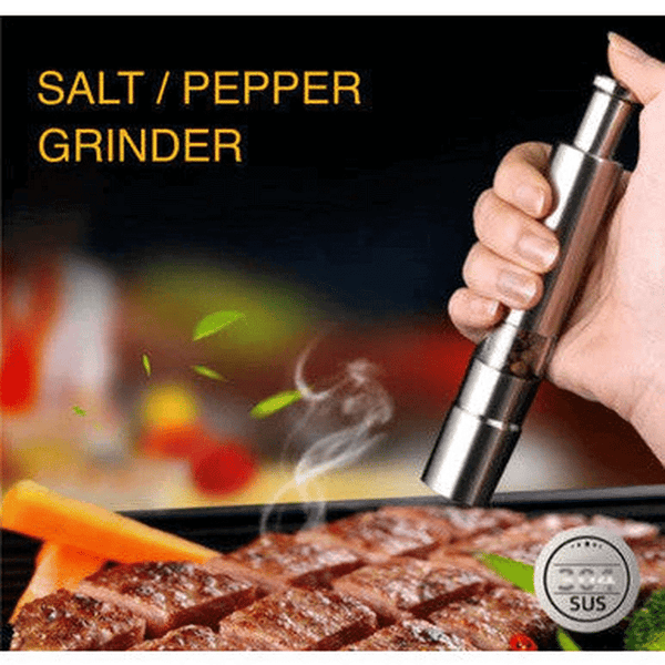 Chef Master Adjustable Salt & Pepper Grinder in use over grilled steak for precise seasoning control.