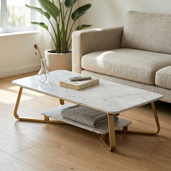 Modern 2-Tier Marble Coffee Table with Gold Frame
