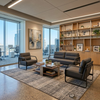 Mason Industrial Executive Office Couch in modern office setting with large windows and stylish decor.