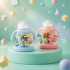 Colorful Baby Stacking Cup Puzzle Set featuring blue and pink cups with playful shapes and designs on a pastel background.
