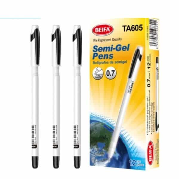 Office Semi-Gel Pen 0.7 pack of three pens beside box, ideal for smooth writing experience.