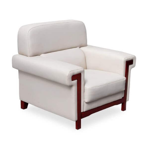 Modern Wooden Accent Arm Chair in white leather with solid wood frame, offering modern style and comfortable seating.