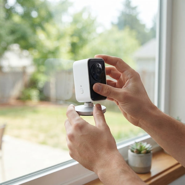 A person installing the 3MP 2K Wireless Window Security Camera on a window for indoor-to-outdoor surveillance.