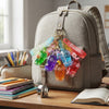 Colorful Floating Liquid Bubble Tea Cup Keychain collection hanging from a backpack, showcasing playful drink-inspired accessories.