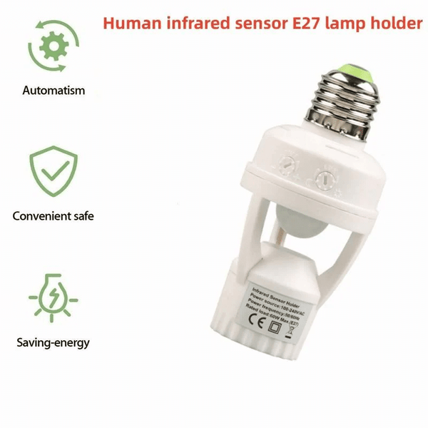 E27 Motion Sensor Light Socket displaying features like automativism, convenient safety, and energy saving.