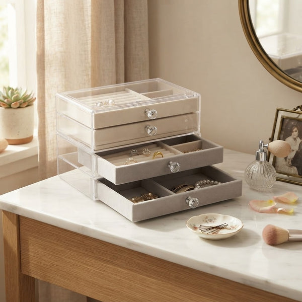 3-Tier Clear Acrylic Jewelry Box with Velvet Drawers displaying organized jewelry on a marble table.