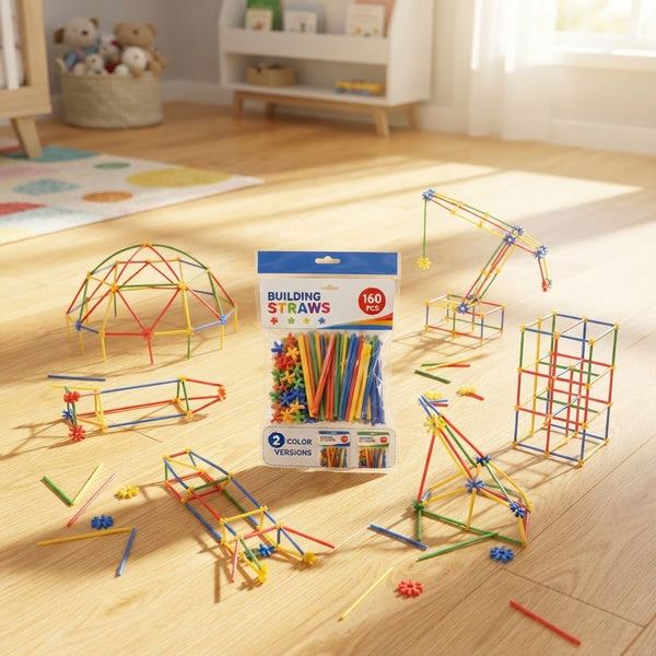 160-Piece Building Straws Construction Set displayed with colorful structures on a wooden floor.