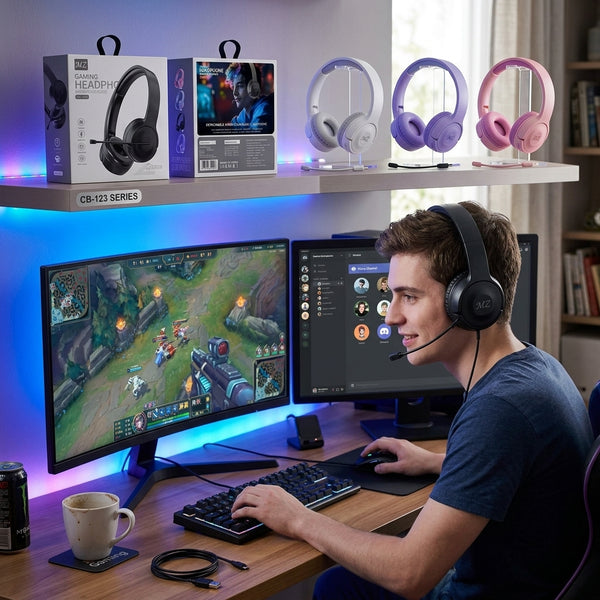 A gamer wearing Wireless Noise Cancelling Over-Ear Headphones, playing on dual monitors with colorful lighting.