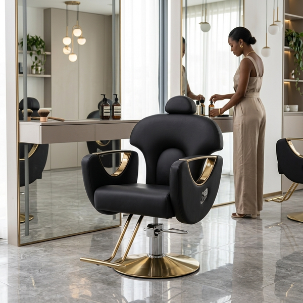 Professional Salon Styling Chair with Metal Base in a modern salon setting with a stylist at work.