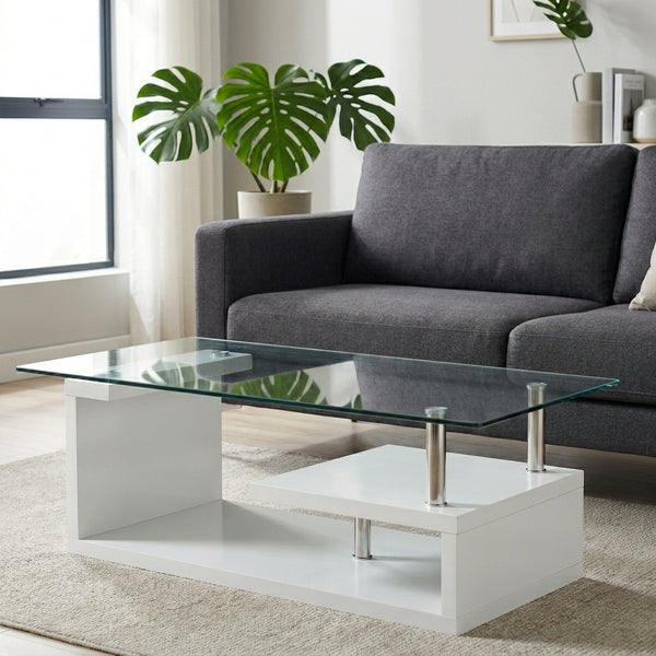 Elegant Crystal Glass Coffee Table with modern design and sleek white base, perfect for contemporary living rooms.