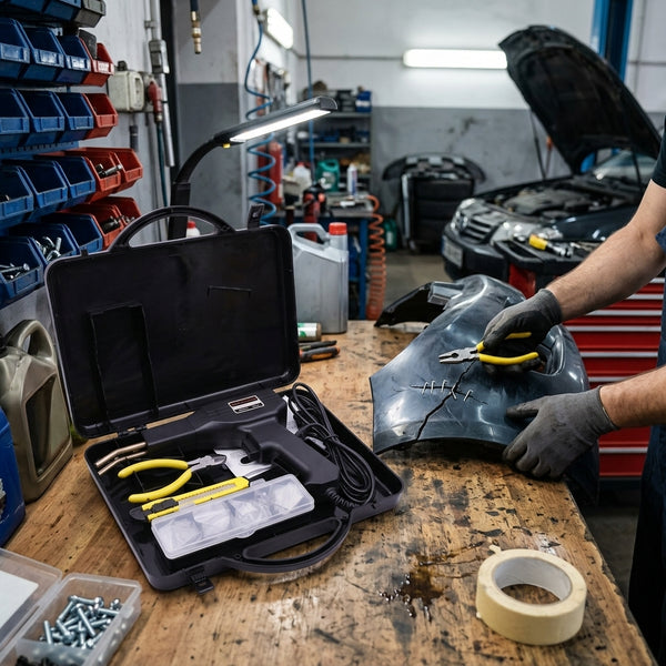 Plastic Welder Hot Stapler Repair Kit being used to fix cracked plastic parts in an automotive workshop.