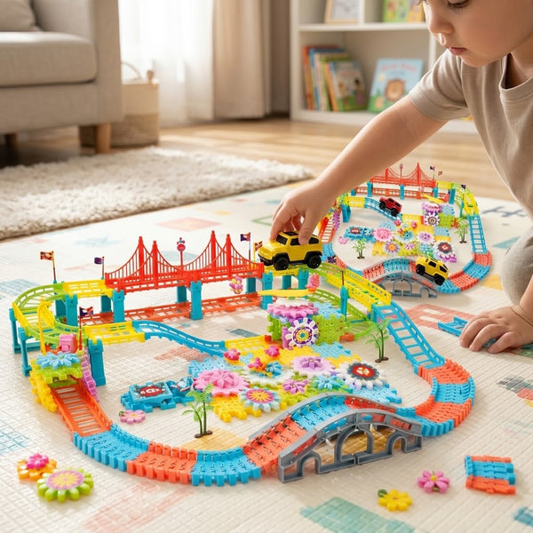 Child playing with 207-Piece DIY Flexible Track & Amusement Park Building Set featuring colorful tracks and vehicles.