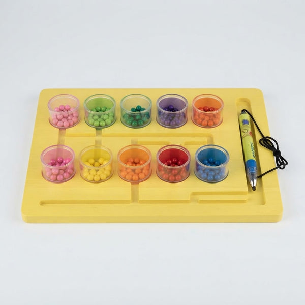 Magnetic Color and Number Maze Board featuring colorful beads in cups on a learning board.