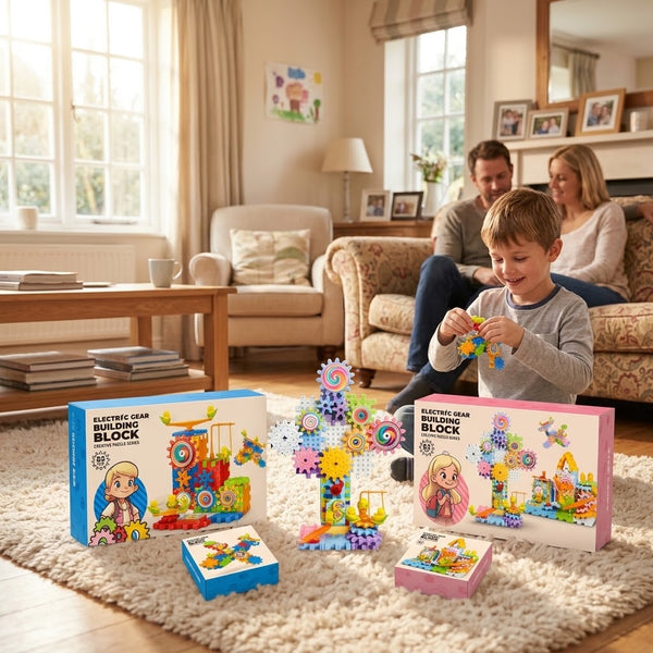 A child assembling the Gear Motion Electric Building Block Set with family in a cozy living room.
