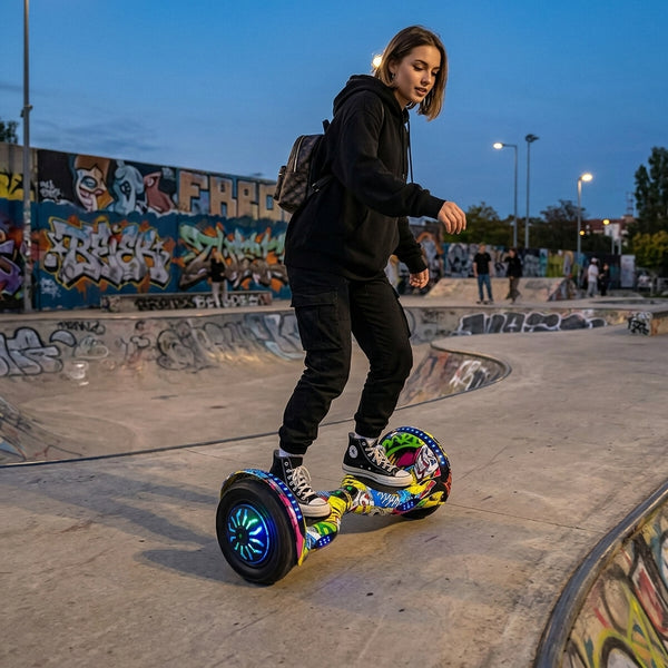 A person riding an Electric Self-Balancing Hoverboard at a skate park with graffiti background during sunset.