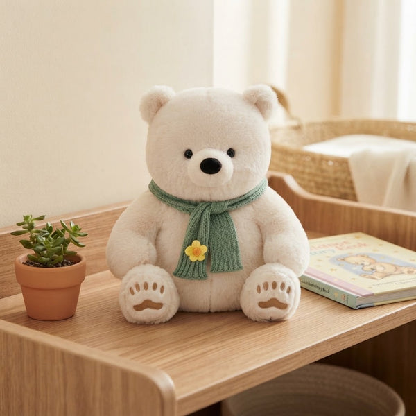 23cm Plush Polar Bear sitting on a shelf with a green scarf and a small plant nearby.
