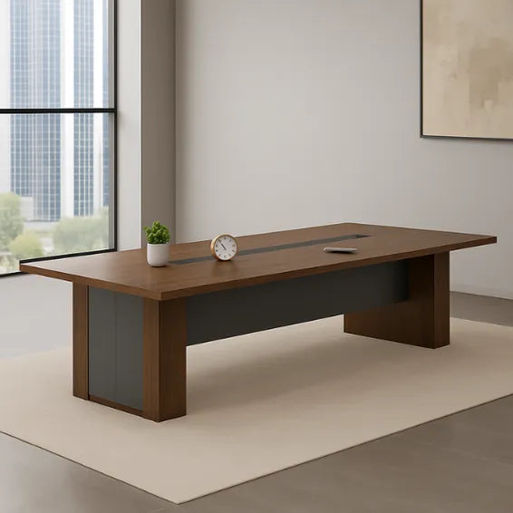 Modern Office Study Table in a professional workspace with a clock and plant.