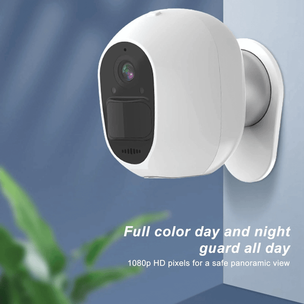 Waterproof Outdoor Camera mounted on a wall, offering full color day and night surveillance with 1080p HD clarity.