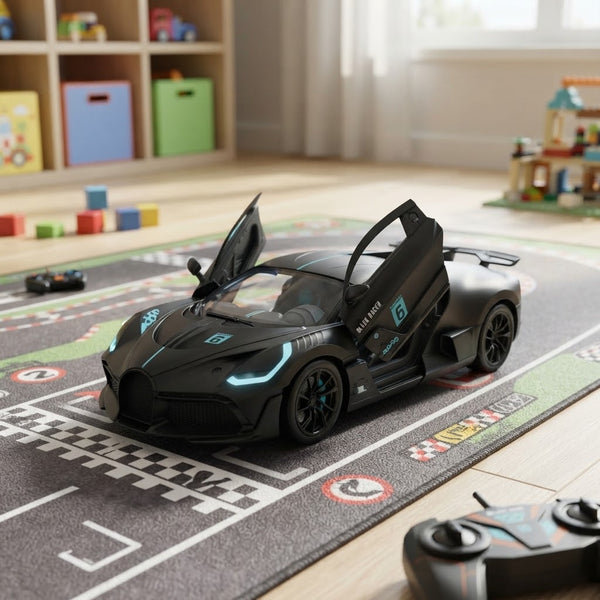 Black Racer Remote Control Toy Car with functional opening doors on a colorful playmat.