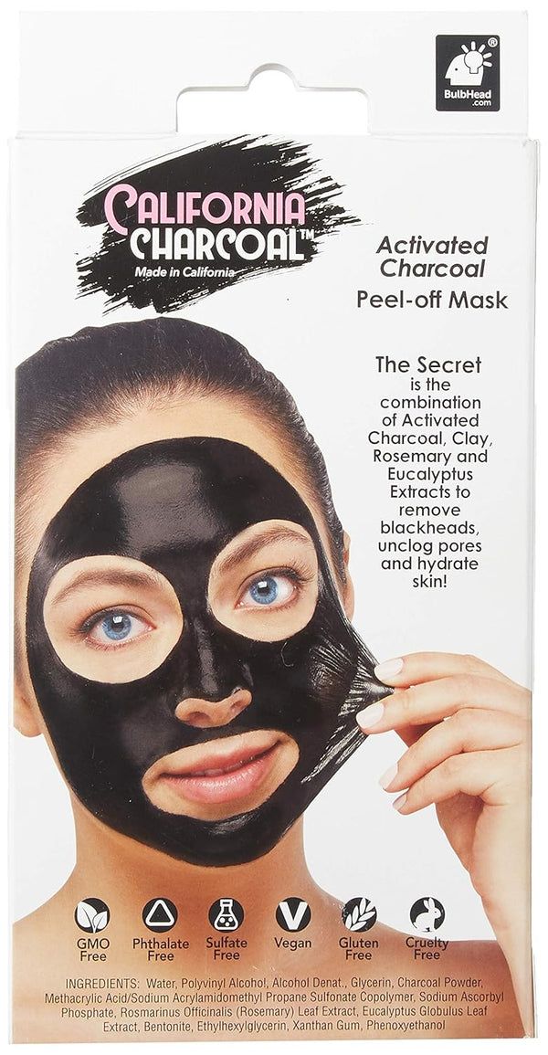 Charcoal Blackhead Removal Mask packaging featuring activated charcoal peel-off mask in use on a model's face.