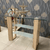 Urban Edge Slim Console Table with glass top and wooden legs in a stylish interior setting.