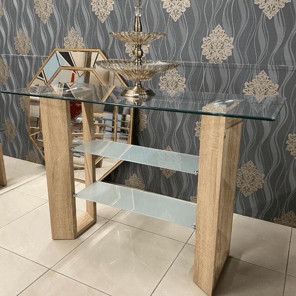 Urban Edge Slim Console Table with glass top and wooden legs in a stylish interior setting.