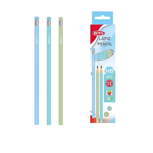 12 pcs Blue Plastic Pencil 7-Inch Hexagonal Design displayed in packaging alongside colored pencils.