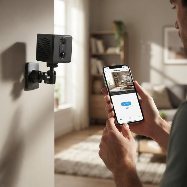 Person using smartphone to monitor the 2MP 1080P Security Camera in a modern living room.