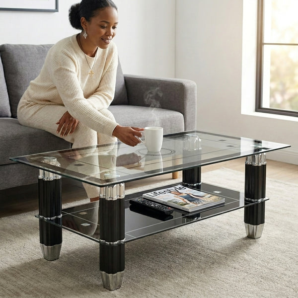 Coffee Table with Glass Top - Black, modern living room centerpiece with sleek design and practical use.